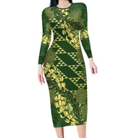Green Aloha Hawaii Family Matching Long Sleeve Bodycon Dress and Hawaiian Shirt Hawaiian Kakau Ohia Lehua Lei LT14 Mom's Dress Green - Polynesian Pride