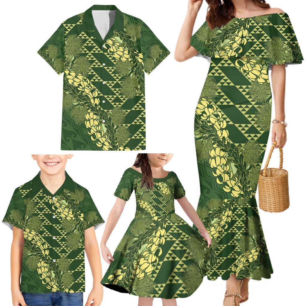 Green Aloha Hawaii Family Matching Mermaid Dress and Hawaiian Shirt Hawaiian Kakau Ohia Lehua Lei LT14 - Polynesian Pride