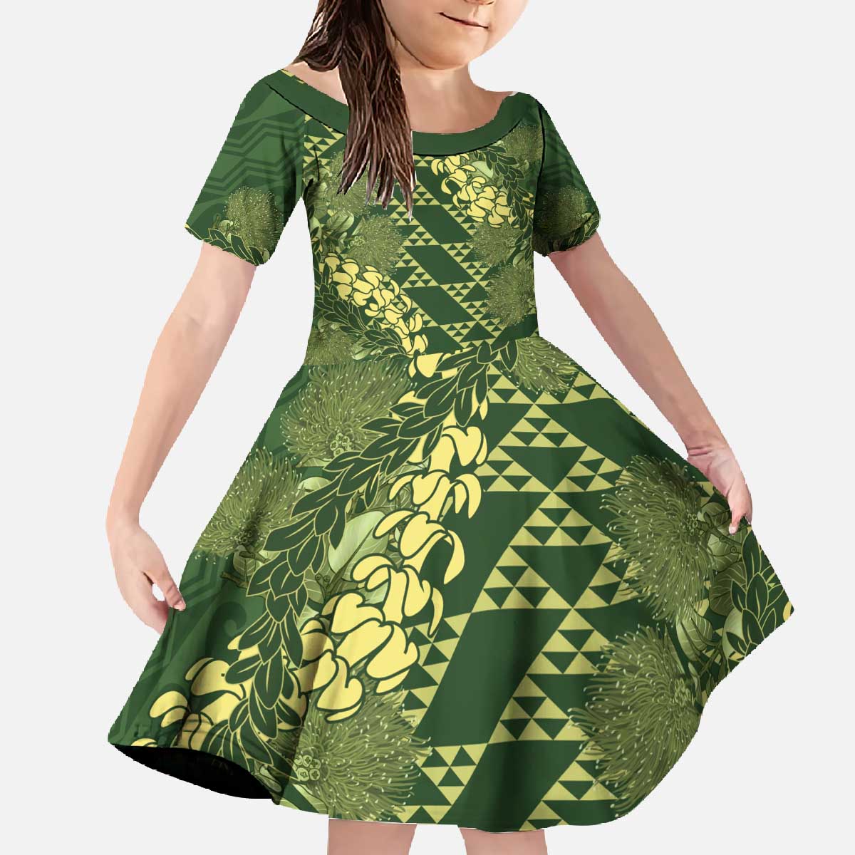 Green Aloha Hawaii Family Matching Off The Shoulder Long Sleeve Dress and Hawaiian Shirt Hawaiian Kakau Ohia Lehua Lei LT14 Daughter's Dress Green - Polynesian Pride