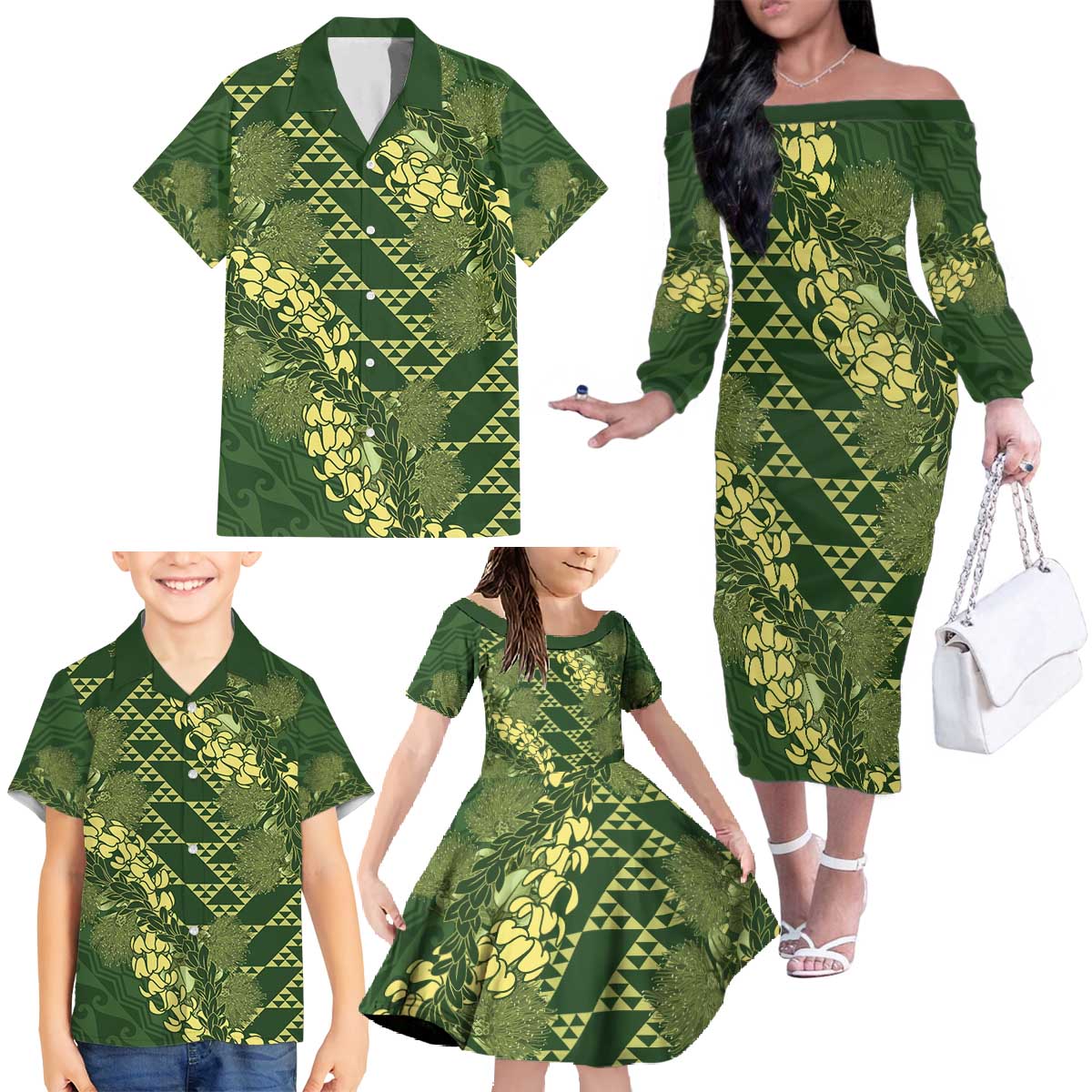 Green Aloha Hawaii Family Matching Off The Shoulder Long Sleeve Dress and Hawaiian Shirt Hawaiian Kakau Ohia Lehua Lei LT14 - Polynesian Pride