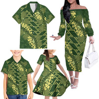 Green Aloha Hawaii Family Matching Off The Shoulder Long Sleeve Dress and Hawaiian Shirt Hawaiian Kakau Ohia Lehua Lei LT14 - Polynesian Pride