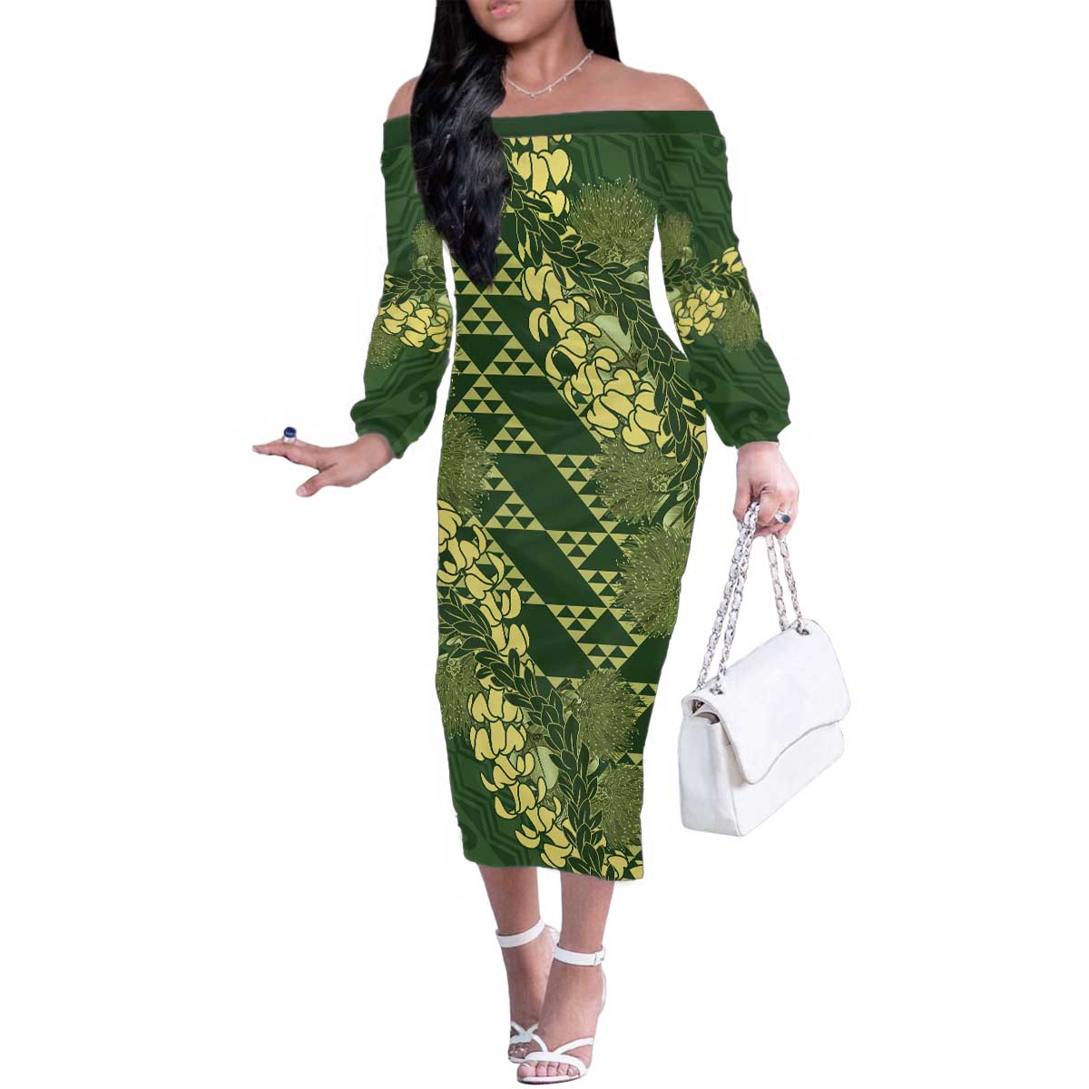 Green Aloha Hawaii Family Matching Off The Shoulder Long Sleeve Dress and Hawaiian Shirt Hawaiian Kakau Ohia Lehua Lei LT14 Mom's Dress Green - Polynesian Pride