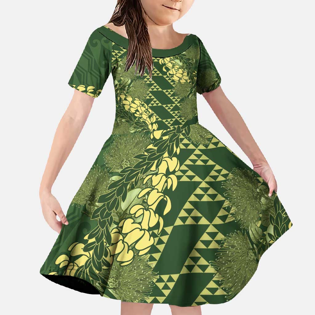 Green Aloha Hawaii Family Matching Off Shoulder Maxi Dress and Hawaiian Shirt Hawaiian Kakau Ohia Lehua Lei LT14 Daughter's Dress Green - Polynesian Pride