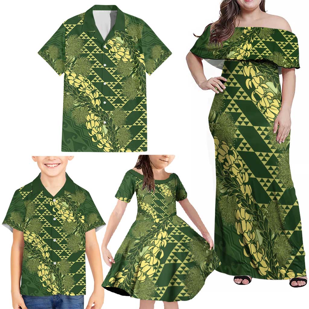Green Aloha Hawaii Family Matching Off Shoulder Maxi Dress and Hawaiian Shirt Hawaiian Kakau Ohia Lehua Lei LT14 - Polynesian Pride