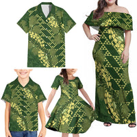 Green Aloha Hawaii Family Matching Off Shoulder Maxi Dress and Hawaiian Shirt Hawaiian Kakau Ohia Lehua Lei LT14 - Polynesian Pride