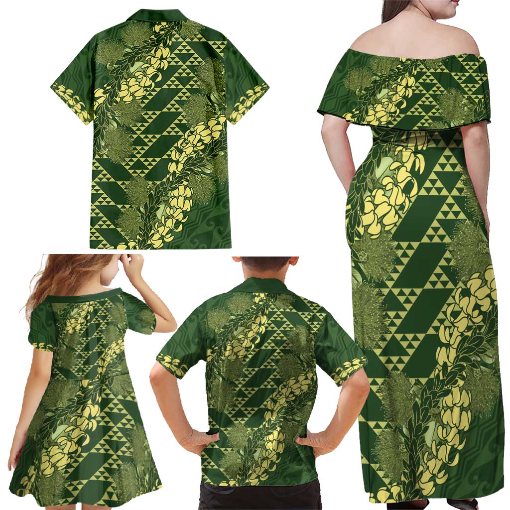 Green Aloha Hawaii Family Matching Off Shoulder Maxi Dress and Hawaiian Shirt Hawaiian Kakau Ohia Lehua Lei LT14 - Polynesian Pride