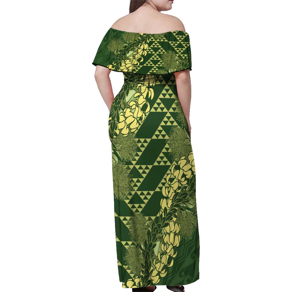 Green Aloha Hawaii Family Matching Off Shoulder Maxi Dress and Hawaiian Shirt Hawaiian Kakau Ohia Lehua Lei LT14 - Polynesian Pride