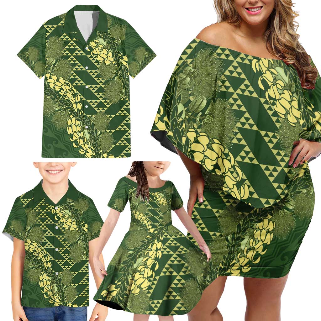 Green Aloha Hawaii Family Matching Off Shoulder Short Dress and Hawaiian Shirt Hawaiian Kakau Ohia Lehua Lei LT14 - Polynesian Pride