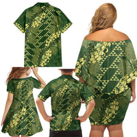 Green Aloha Hawaii Family Matching Off Shoulder Short Dress and Hawaiian Shirt Hawaiian Kakau Ohia Lehua Lei LT14 - Polynesian Pride