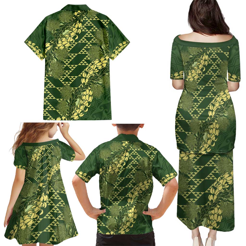 Green Aloha Hawaii Family Matching Puletasi and Hawaiian Shirt Hawaiian Kakau Ohia Lehua Lei LT14 - Polynesian Pride