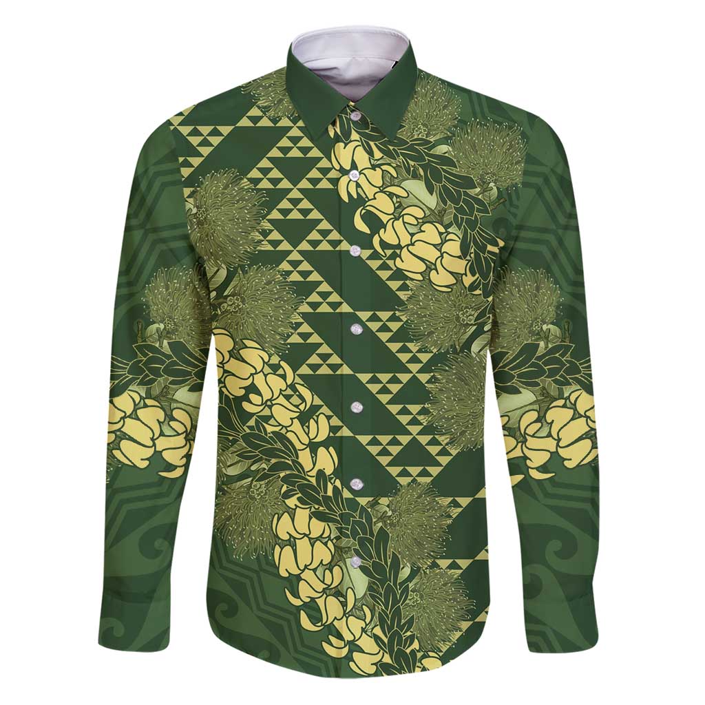 Green Aloha Hawaii Family Matching Puletasi and Hawaiian Shirt Hawaiian Kakau Ohia Lehua Lei LT14 Dad's Shirt - Long Sleeve Green - Polynesian Pride