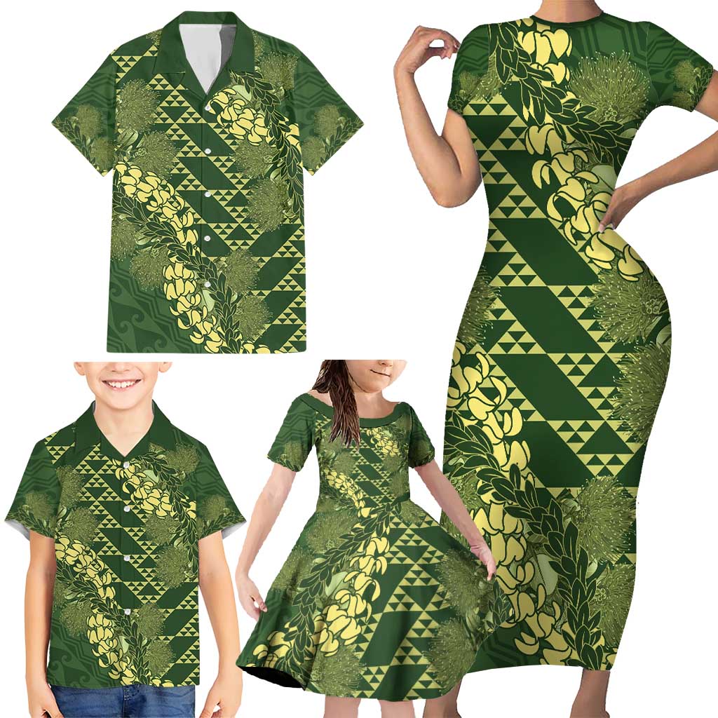 Green Aloha Hawaii Family Matching Short Sleeve Bodycon Dress and Hawaiian Shirt Hawaiian Kakau Ohia Lehua Lei LT14 - Polynesian Pride