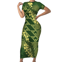 Green Aloha Hawaii Family Matching Short Sleeve Bodycon Dress and Hawaiian Shirt Hawaiian Kakau Ohia Lehua Lei LT14 Mom's Dress Green - Polynesian Pride