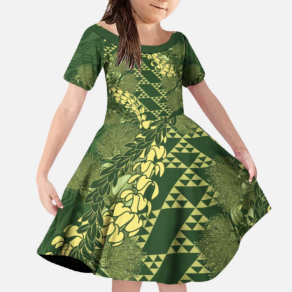 Green Aloha Hawaii Family Matching Summer Maxi Dress and Hawaiian Shirt Hawaiian Kakau Ohia Lehua Lei LT14 Daughter's Dress Green - Polynesian Pride