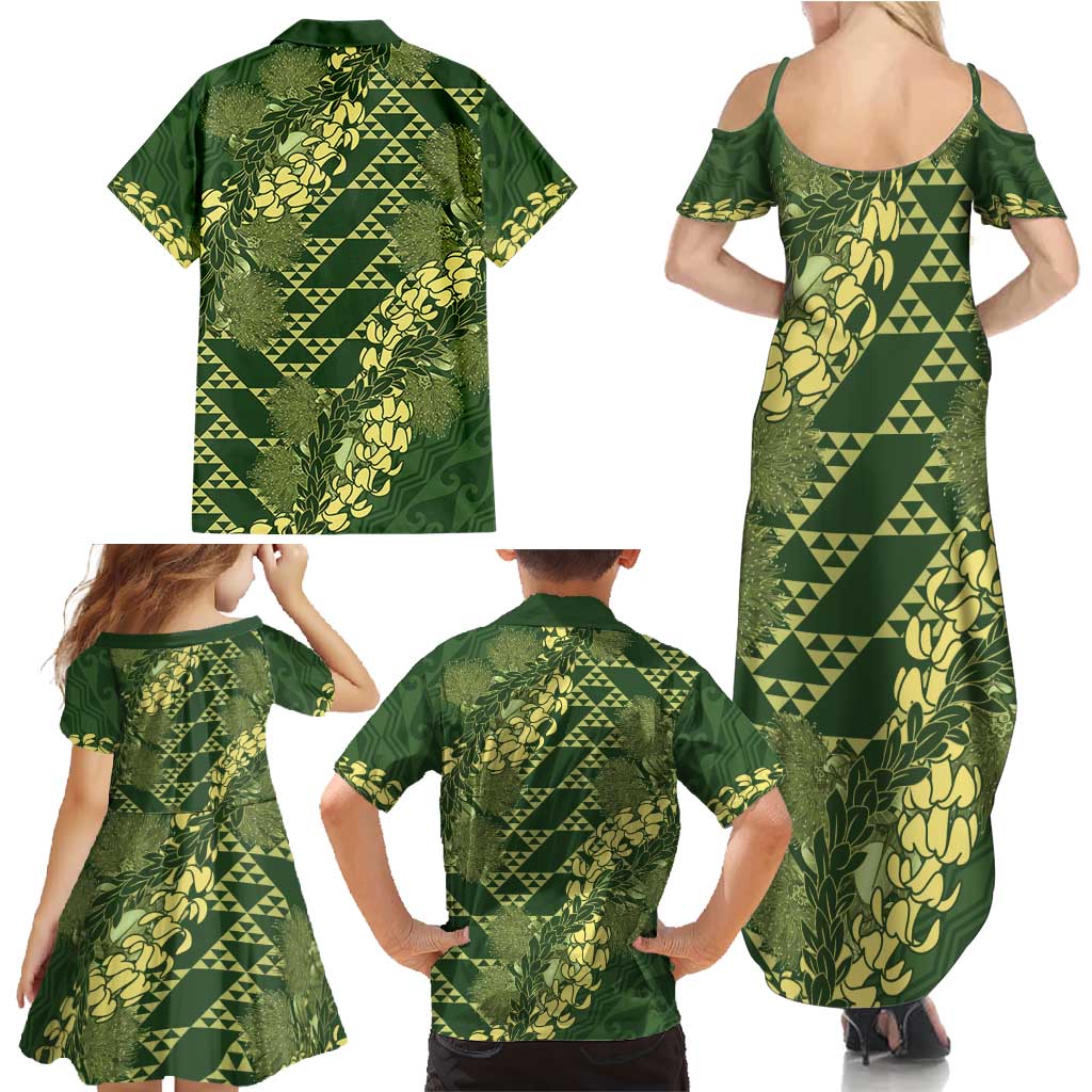 Green Aloha Hawaii Family Matching Summer Maxi Dress and Hawaiian Shirt Hawaiian Kakau Ohia Lehua Lei LT14 - Polynesian Pride