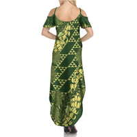 Green Aloha Hawaii Family Matching Summer Maxi Dress and Hawaiian Shirt Hawaiian Kakau Ohia Lehua Lei LT14 - Polynesian Pride