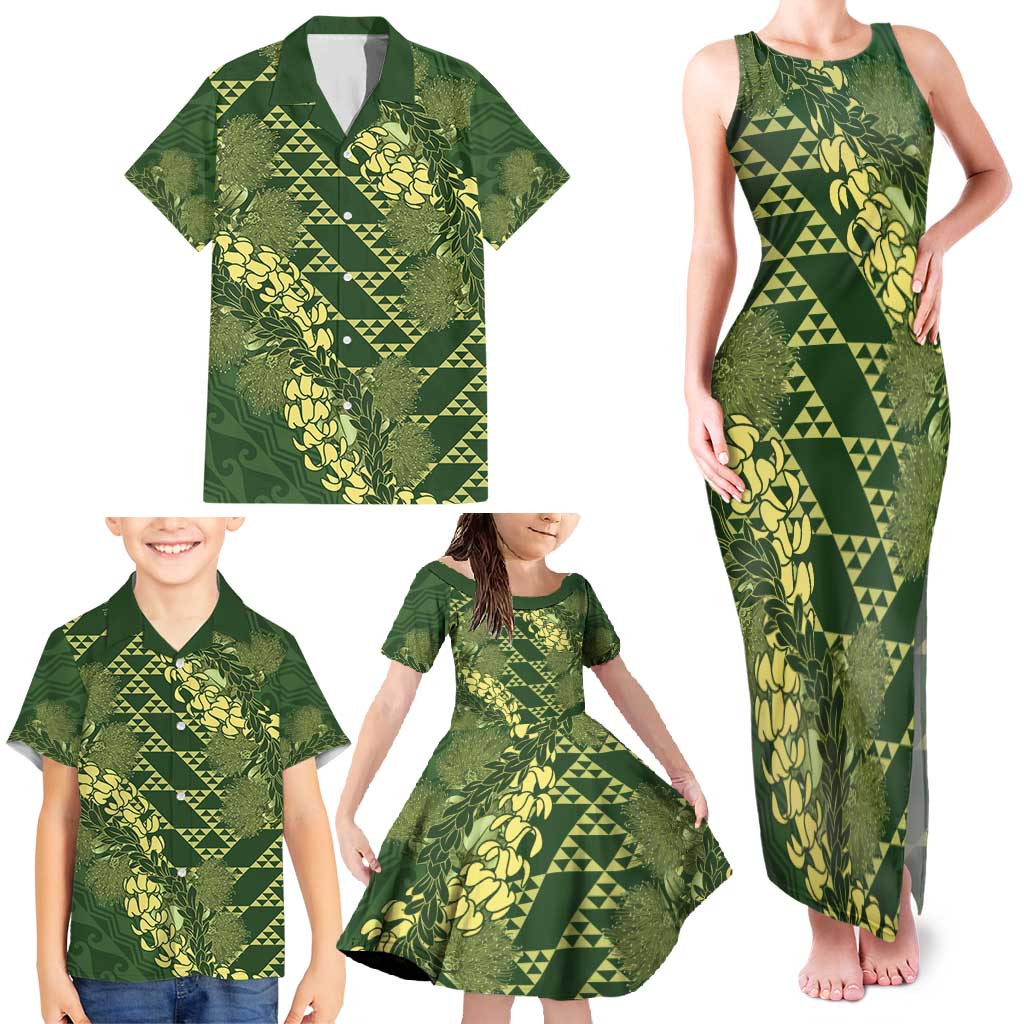 Green Aloha Hawaii Family Matching Tank Maxi Dress and Hawaiian Shirt Hawaiian Kakau Ohia Lehua Lei LT14 - Polynesian Pride
