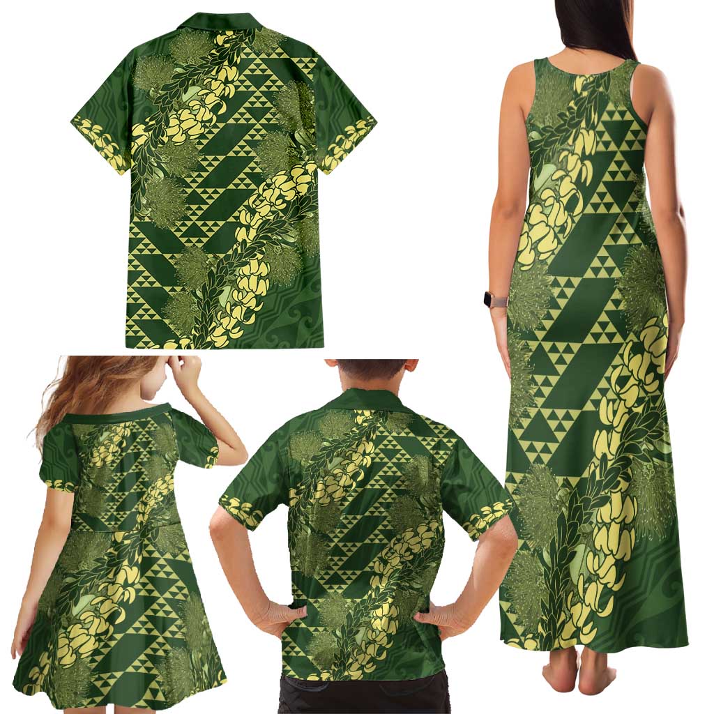 Green Aloha Hawaii Family Matching Tank Maxi Dress and Hawaiian Shirt Hawaiian Kakau Ohia Lehua Lei LT14 - Polynesian Pride