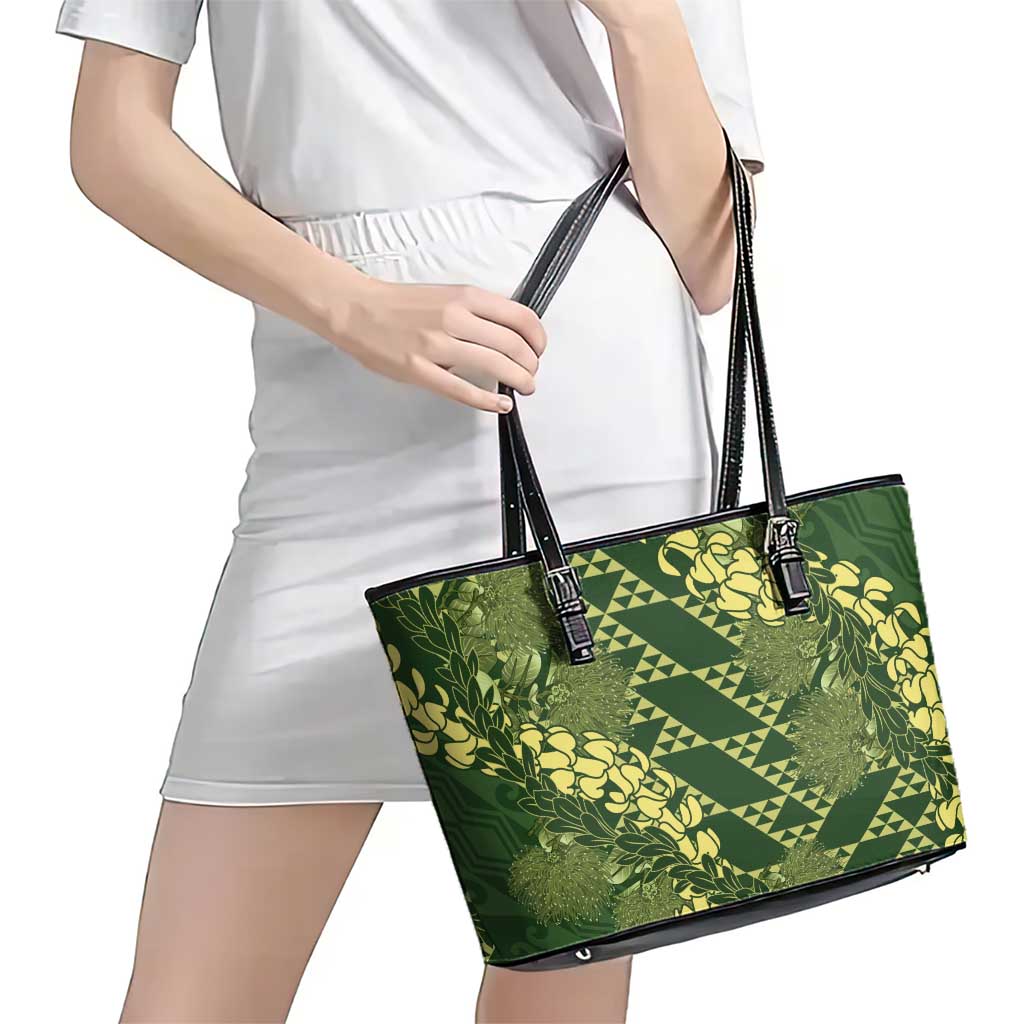 Green Aloha Hawaii Leather Tote Bag Hawaiian Kakau Ohia Lehua Lei - Polynesian Pride