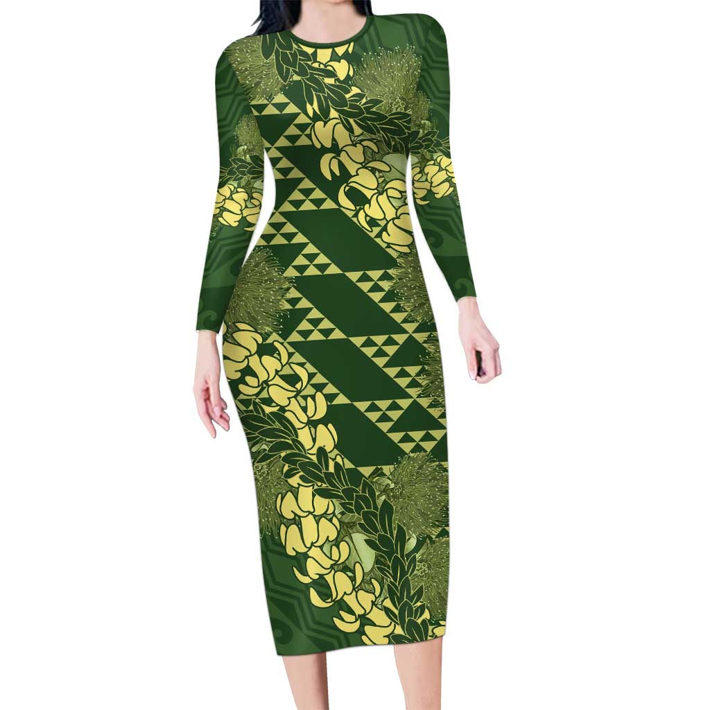Green Aloha Hawaii Long Sleeve Bodycon Dress Hawaiian Kakau Ohia Lehua Lei - Polynesian Pride