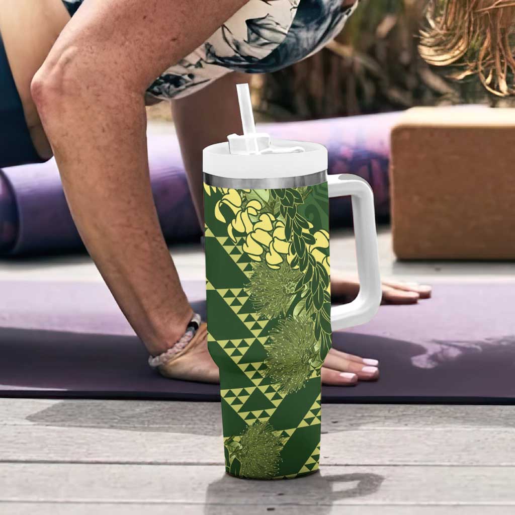 Green Aloha Hawaii Tumbler With Handle Hawaiian Kakau Ohia Lehua Lei - Polynesian Pride