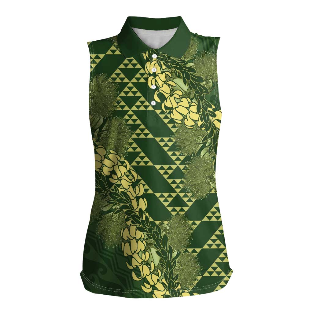 Green Aloha Hawaii Women Sleeveless Polo Shirt Hawaiian Kakau Ohia Lehua Lei LT14 Female Green - Polynesian Pride