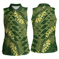 Green Aloha Hawaii Women Sleeveless Polo Shirt Hawaiian Kakau Ohia Lehua Lei LT14 - Polynesian Pride