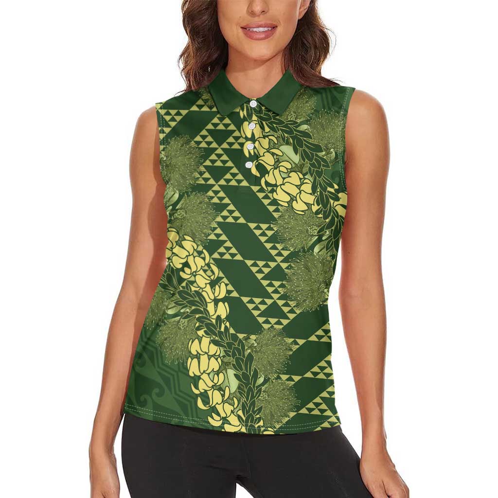 Green Aloha Hawaii Women Sleeveless Polo Shirt Hawaiian Kakau Ohia Lehua Lei LT14 - Polynesian Pride