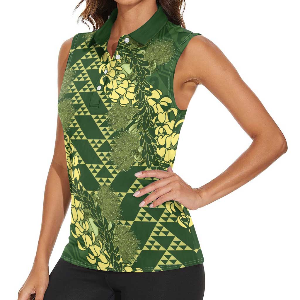 Green Aloha Hawaii Women Sleeveless Polo Shirt Hawaiian Kakau Ohia Lehua Lei LT14 - Polynesian Pride