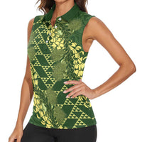 Green Aloha Hawaii Women Sleeveless Polo Shirt Hawaiian Kakau Ohia Lehua Lei LT14 - Polynesian Pride