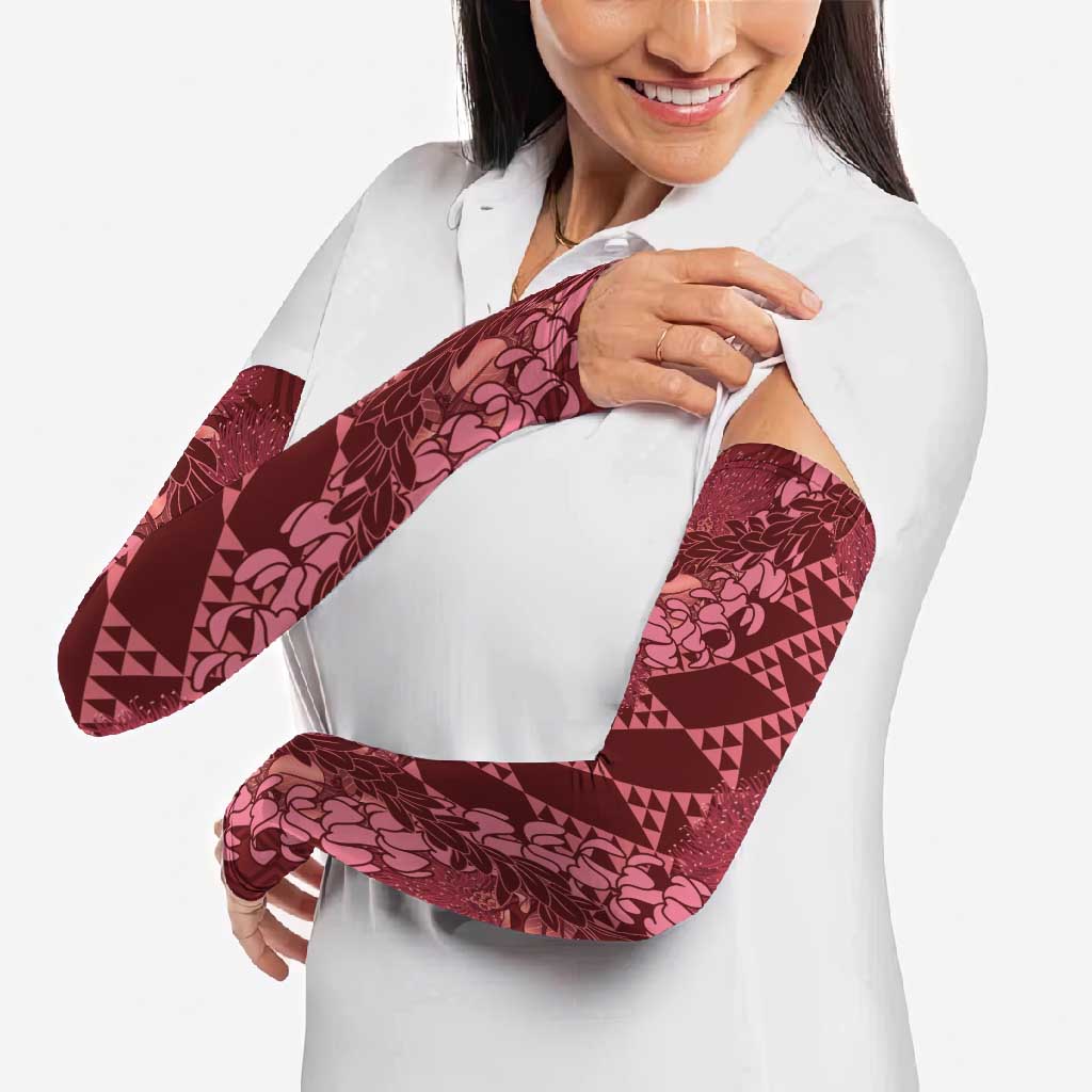 Maroon Aloha Hawaii Arm Sleeves Hawaiian Kakau Ohia Lehua Lei - Polynesian Pride