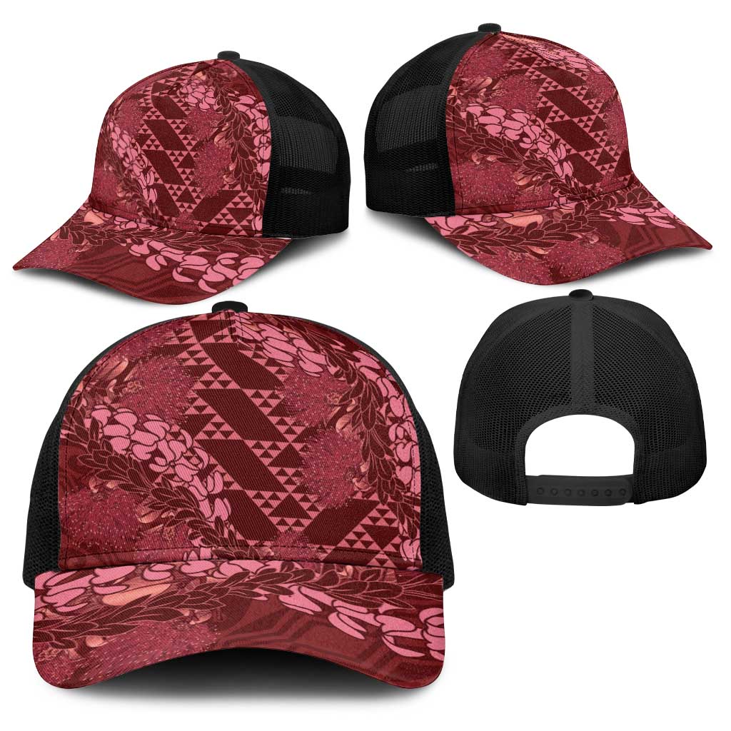 Maroon Aloha Hawaii Baseball Net Cap Hawaiian Kakau Ohia Lehua Lei - Polynesian Pride
