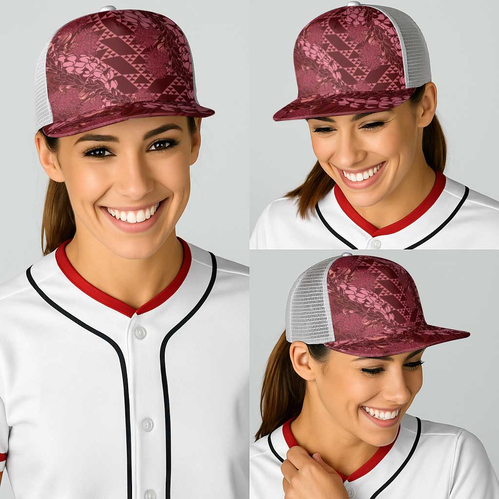 Maroon Aloha Hawaii Baseball Net Cap Hawaiian Kakau Ohia Lehua Lei - Polynesian Pride