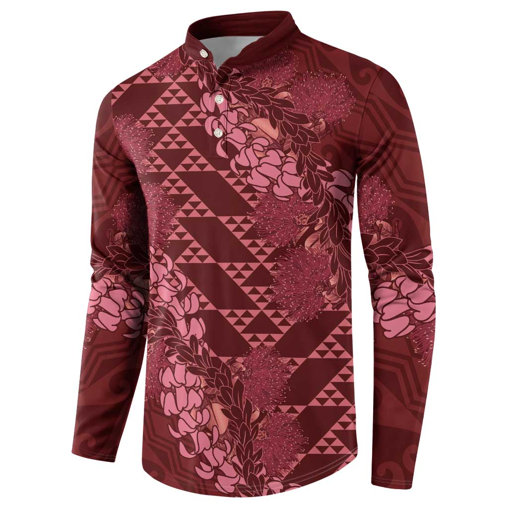 Maroon Aloha Hawaii Button Sweatshirt Hawaiian Kakau Ohia Lehua Lei - Polynesian Pride