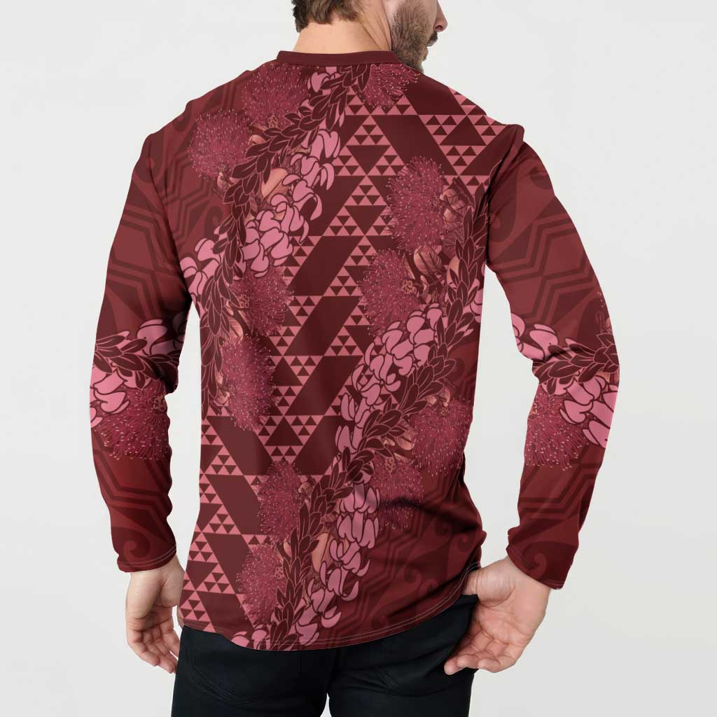 Maroon Aloha Hawaii Button Sweatshirt Hawaiian Kakau Ohia Lehua Lei - Polynesian Pride