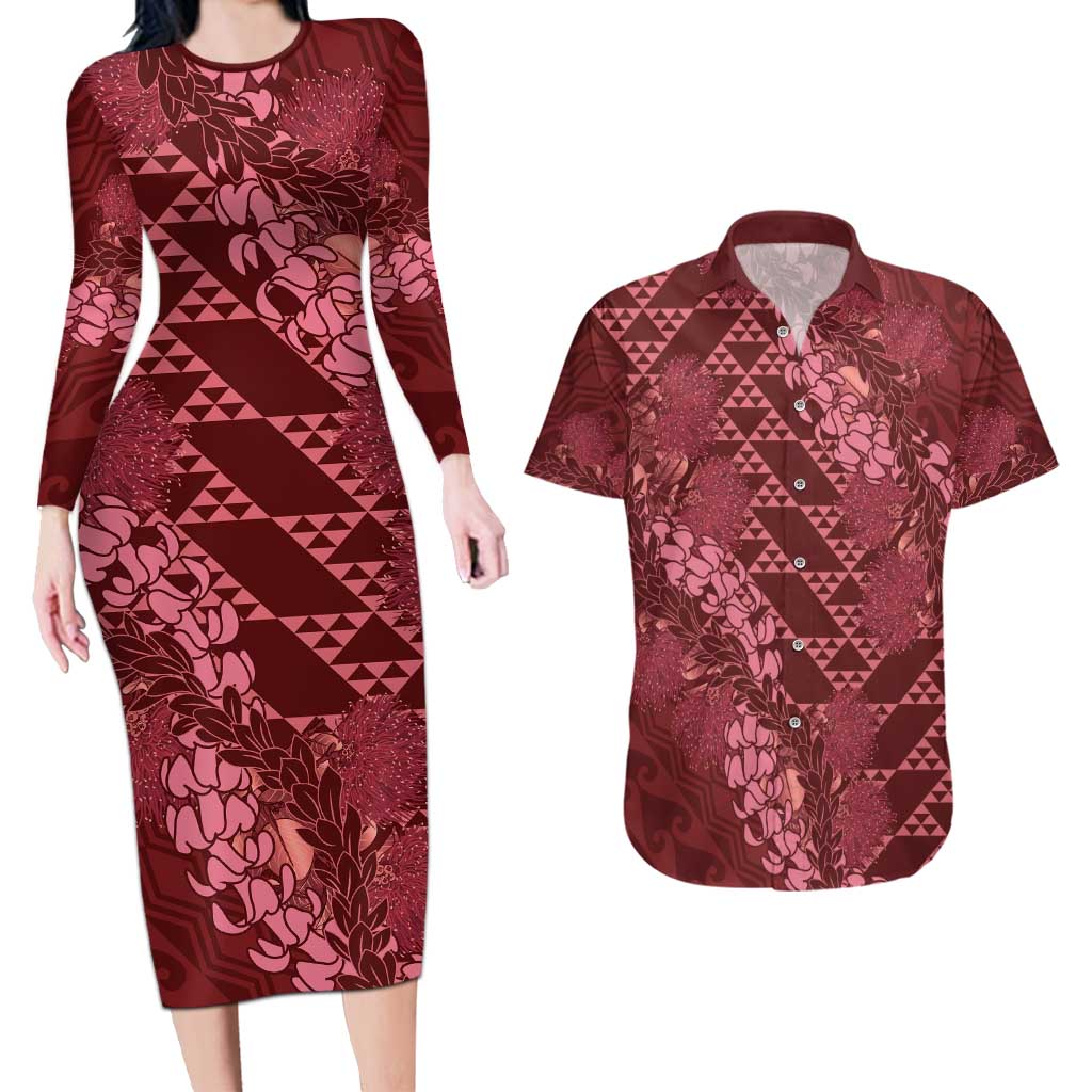 Maroon Aloha Hawaii Couples Matching Long Sleeve Bodycon Dress and Hawaiian Shirt Hawaiian Kakau Ohia Lehua Lei LT14 Maroon - Polynesian Pride