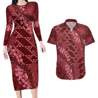 Maroon Aloha Hawaii Couples Matching Long Sleeve Bodycon Dress and Hawaiian Shirt Hawaiian Kakau Ohia Lehua Lei LT14 Maroon - Polynesian Pride
