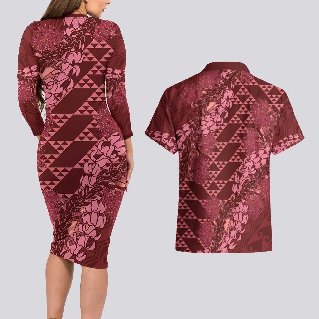 Maroon Aloha Hawaii Couples Matching Long Sleeve Bodycon Dress and Hawaiian Shirt Hawaiian Kakau Ohia Lehua Lei LT14 - Polynesian Pride