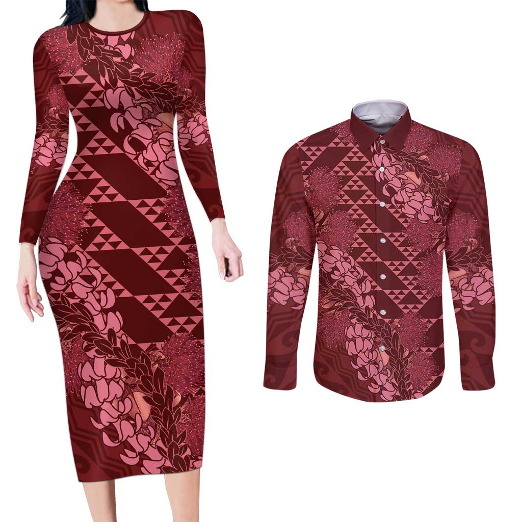 Maroon Aloha Hawaii Couples Matching Long Sleeve Bodycon Dress and Long Sleeve Button Shirt Hawaiian Kakau Ohia Lehua Lei LT14 Maroon - Polynesian Pride