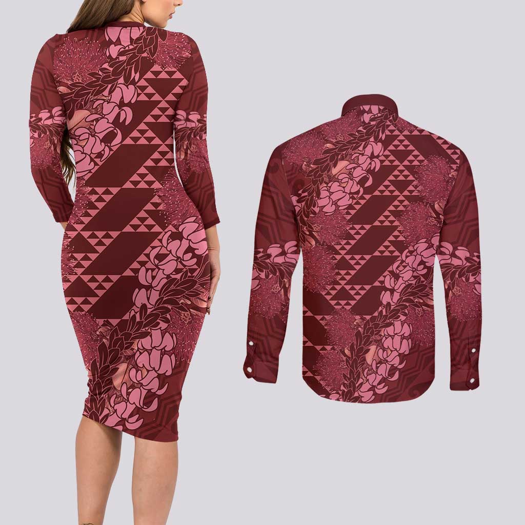 Maroon Aloha Hawaii Couples Matching Long Sleeve Bodycon Dress and Long Sleeve Button Shirt Hawaiian Kakau Ohia Lehua Lei LT14 - Polynesian Pride