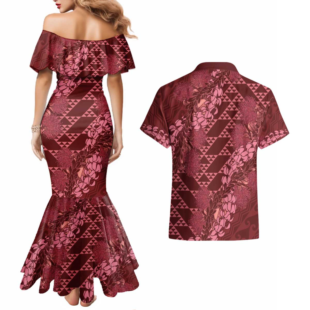 Maroon Aloha Hawaii Couples Matching Mermaid Dress and Hawaiian Shirt Hawaiian Kakau Ohia Lehua Lei LT14 - Polynesian Pride