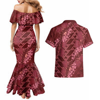 Maroon Aloha Hawaii Couples Matching Mermaid Dress and Hawaiian Shirt Hawaiian Kakau Ohia Lehua Lei LT14 - Polynesian Pride