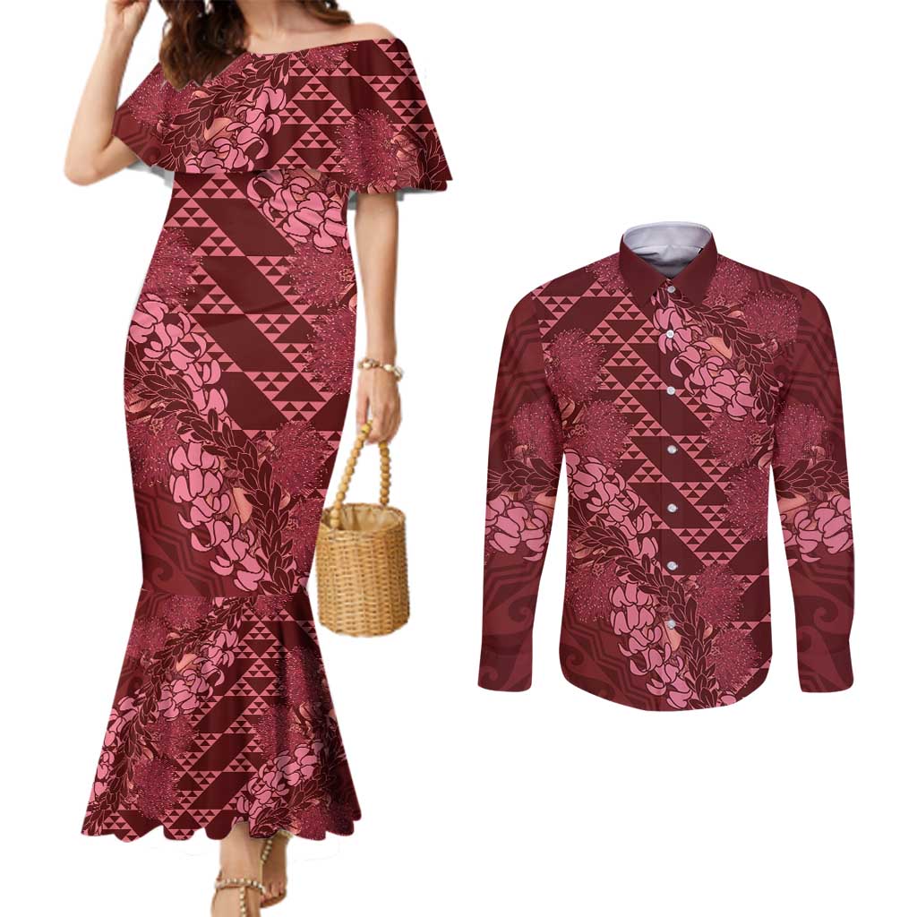 Maroon Aloha Hawaii Couples Matching Mermaid Dress and Long Sleeve Button Shirt Hawaiian Kakau Ohia Lehua Lei - Polynesian Pride