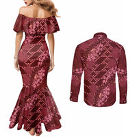Maroon Aloha Hawaii Couples Matching Mermaid Dress and Long Sleeve Button Shirt Hawaiian Kakau Ohia Lehua Lei LT14 - Polynesian Pride