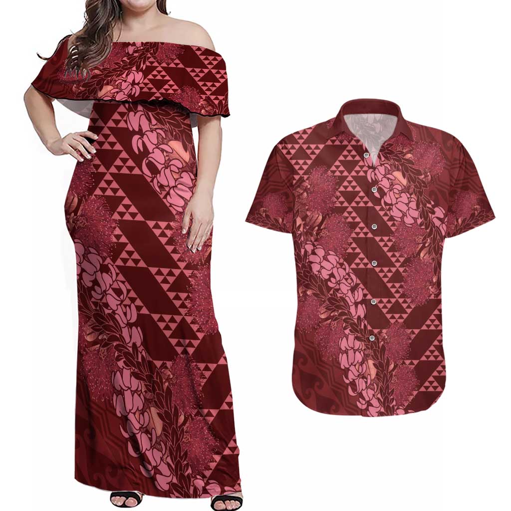 Maroon Aloha Hawaii Couples Matching Off Shoulder Maxi Dress and Hawaiian Shirt Hawaiian Kakau Ohia Lehua Lei LT14 Maroon - Polynesian Pride