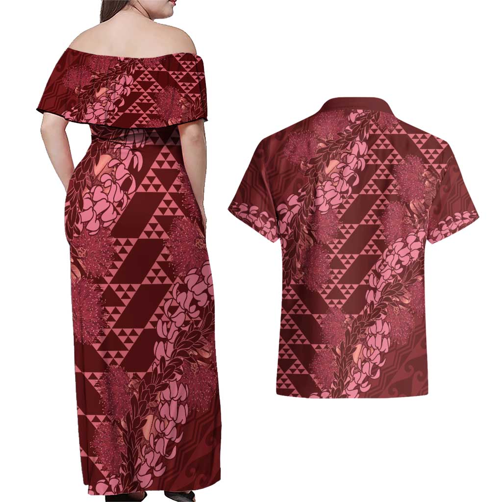 Maroon Aloha Hawaii Couples Matching Off Shoulder Maxi Dress and Hawaiian Shirt Hawaiian Kakau Ohia Lehua Lei LT14 - Polynesian Pride