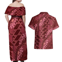 Maroon Aloha Hawaii Couples Matching Off Shoulder Maxi Dress and Hawaiian Shirt Hawaiian Kakau Ohia Lehua Lei LT14 - Polynesian Pride