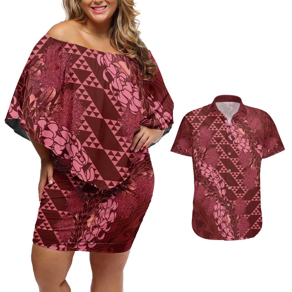 Maroon Aloha Hawaii Couples Matching Off Shoulder Short Dress and Hawaiian Shirt Hawaiian Kakau Ohia Lehua Lei LT14 Maroon - Polynesian Pride