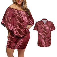 Maroon Aloha Hawaii Couples Matching Off Shoulder Short Dress and Hawaiian Shirt Hawaiian Kakau Ohia Lehua Lei LT14 Maroon - Polynesian Pride