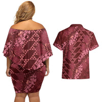 Maroon Aloha Hawaii Couples Matching Off Shoulder Short Dress and Hawaiian Shirt Hawaiian Kakau Ohia Lehua Lei LT14 - Polynesian Pride